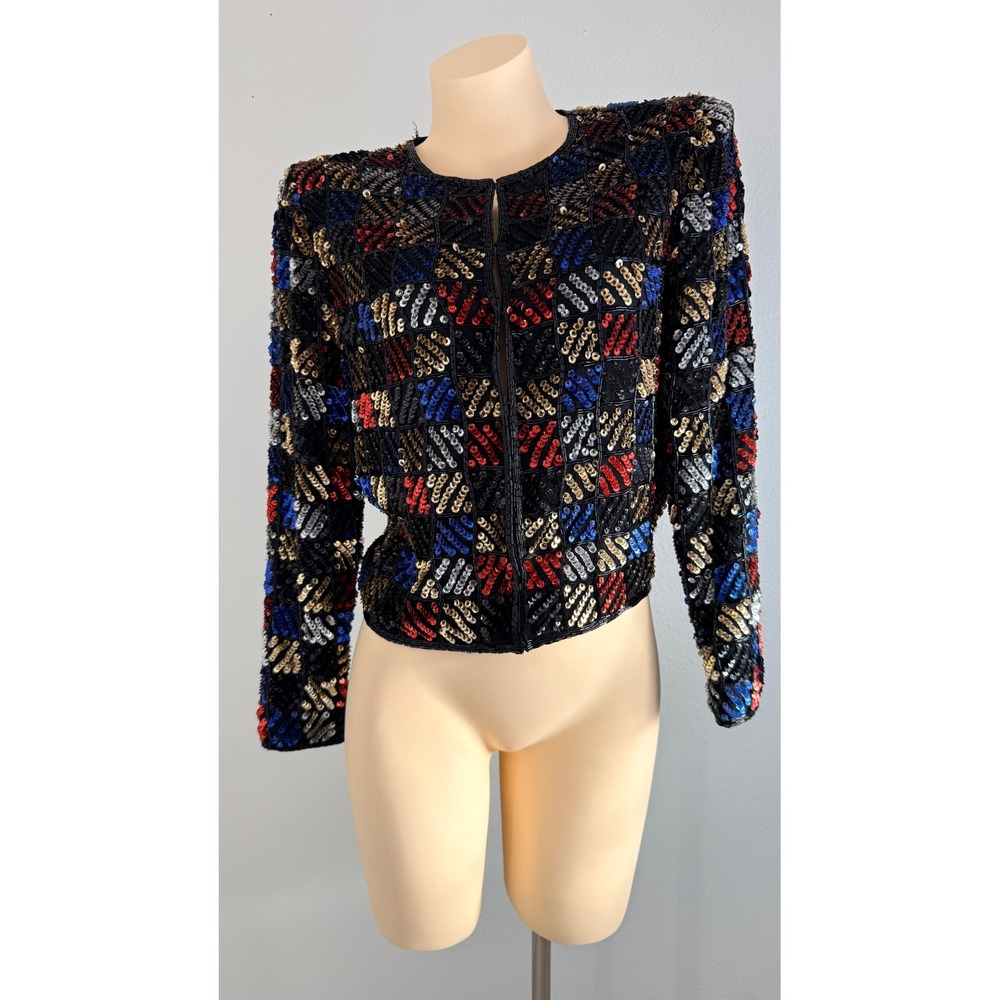 Vintage 80s Laurence Kazar Sequin Beaded Silk Jacket Black Red Blue Gold Small